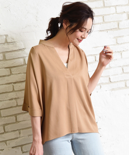 Luz Llena(ラズレナ)の「厚手ジョーゼット5分袖スキッパーシャツ(シャツ/ブラウス・レディース・オフホワイト/ブラック/モカ・MEDIUM)」の3枚目の写真