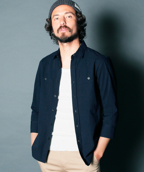 Magine(マージン)の「CTN/LI BOX DOUBLE PKT SHIRTS 3/4SL : コットンリネン ボックス ダブルポケットシャツ 7分袖(シャツ/ブラウス)」|ネイビー