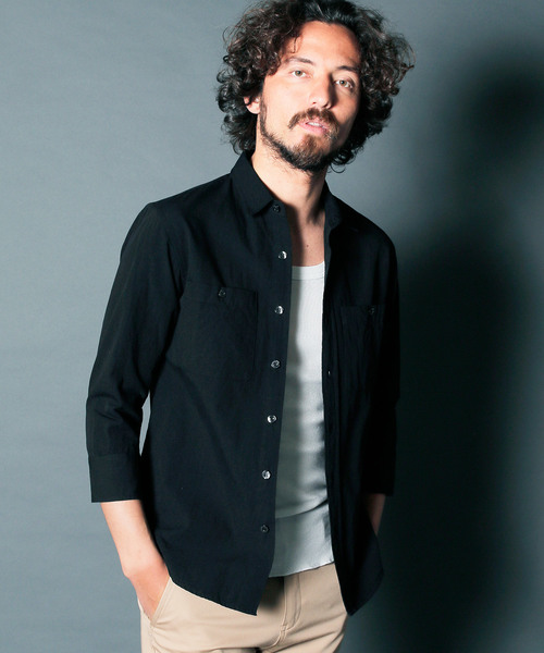 Magine(マージン)の「CTN/LI BOX DOUBLE PKT SHIRTS 3/4SL : コットンリネン ボックス ダブルポケットシャツ 7分袖(シャツ/ブラウス)」|ブラック