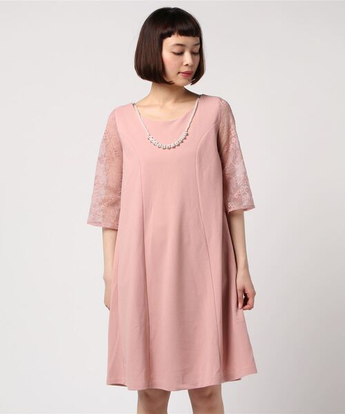 ネックレス付フラワーレース5分袖ミディパーティードレス(ドレス)|STYLEBLOCK(スタイルブロック)
