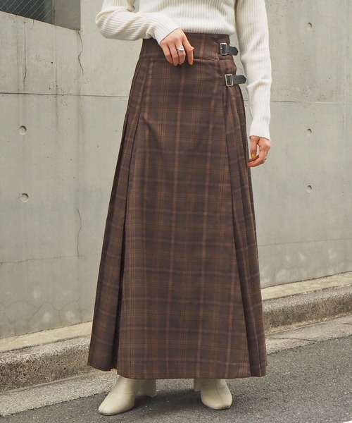 Vintage　タータンチェックラッププリーツスカート サイドベルト付き Vintage タータンチェックラッププリーツスカート サイドベルト付き