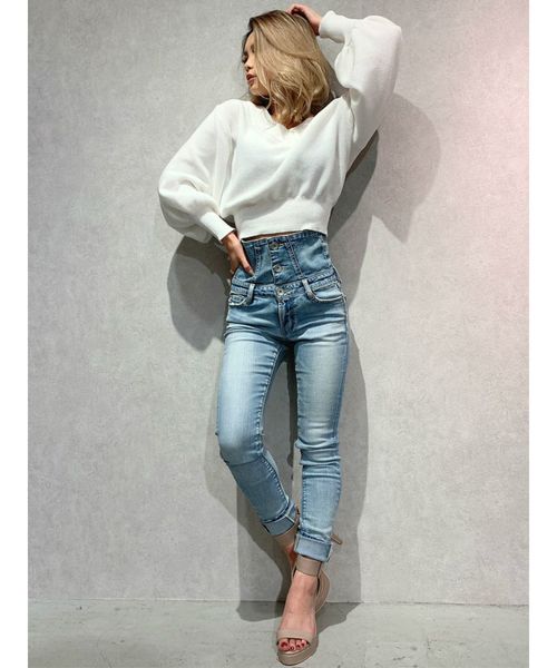 någonsstans ハイウエストブルーデニム TRF エクストラワイドレッグ ハイウエストジーンズ - ライト