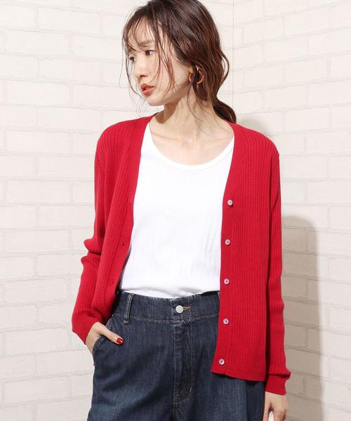 coen（コーエン）の「【WEB限定カラー】リブ編みVネックカーディガン（カーディガン/ボレロ・レディース・オフホワイト/シャーベット/ライトブルー/レッド/ブラック・FREE）」の4枚目の写真