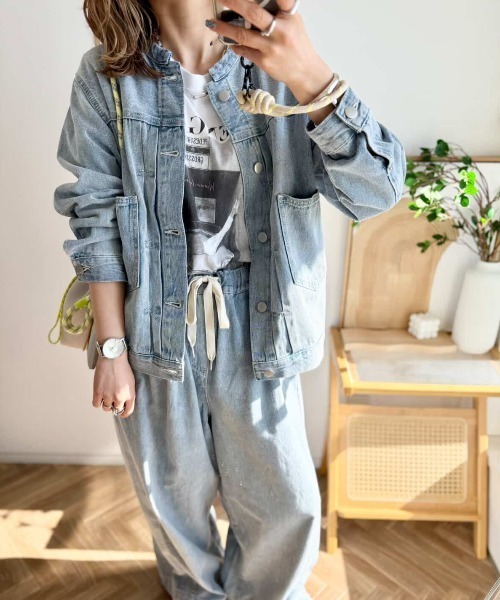 LBC(エルビーシー)の「【選べるセットアップ】LBCデニムノーカラージャケット(デニムジャケット・レディース・ネイビー/ブルー/オフホワイト/ベージュ/ダークグレー/ピンク/ブラウン/ブラック/カーキ/ライトブルー・M/L/LL/XL/FREE/XXL)」の8枚目の写真