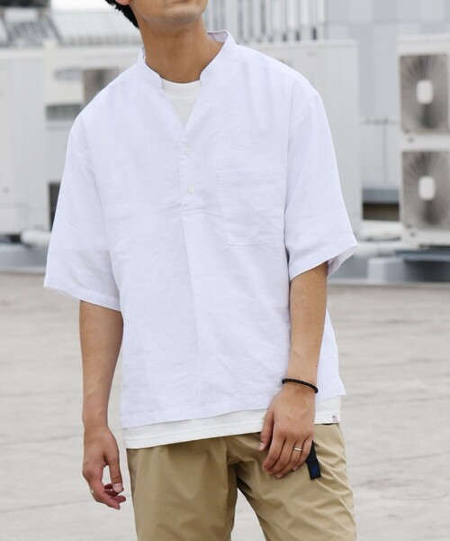 SHIPS any（シップス エニィ）の「SHIPS any: オーガニックリネン プルオーバー 5分袖シャツ◇（シャツ/ブラウス・メンズ・ネイビー/グレー/オフホワイト・SMALL/MEDIUM/LARGE/X-LARGE）」の2枚目の写真