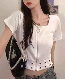 SPIGA（スピーガ）の「フロントZIPスクエアネックショート丈TOPS（Tシャツ/カットソー）」
