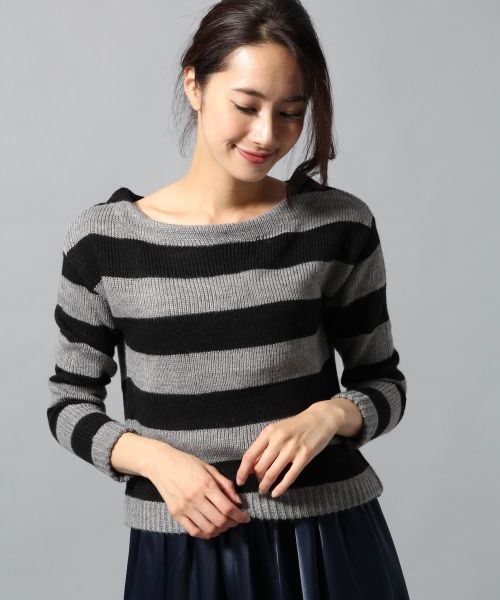 BLISS POINT(ブリスポイント)の「7ゲージフトボーダークロップドプルオーバー/555398(ニット/セーター・レディース・ネイビー/ブラック/グレー/ピンク・LARGE/MEDIUM)」の3枚目の写真