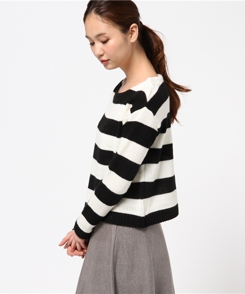 BLISS POINT(ブリスポイント)の「7ゲージフトボーダークロップドプルオーバー/555398(ニット/セーター・レディース・ネイビー/ブラック/グレー/ピンク・LARGE/MEDIUM)」の7枚目の写真