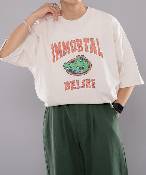 kutir（クティール）の「ワニカレッジビッグTシャツ（Tシャツ/カットソー・メンズ・チャコールグレー/オフホワイト/グリーン・MEDIUM/LARGE）」の16枚目の写真