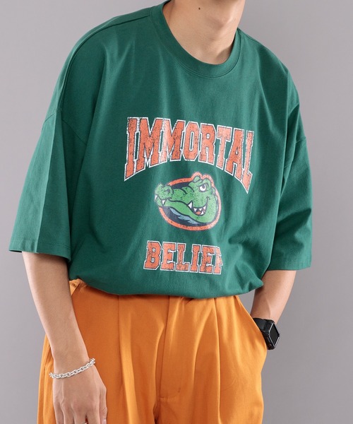 kutir（クティール）の「ワニカレッジビッグTシャツ（Tシャツ/カットソー・メンズ・チャコールグレー/オフホワイト/グリーン・MEDIUM/LARGE）」の11枚目の写真