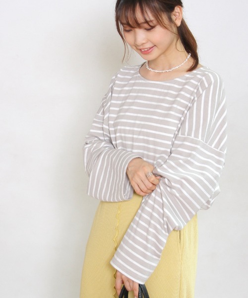 Crisp yours（クリスプユアーズ）の「ルーズボーダーTシャツ（Tシャツ/カットソー・レディース・グレー/ピンク/ブラック・FREE）」の3枚目の写真