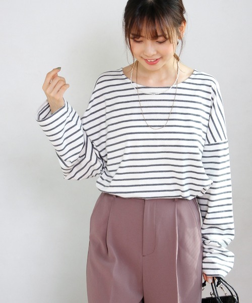 Crisp yours（クリスプユアーズ）の「ルーズボーダーTシャツ（Tシャツ/カットソー・レディース・グレー/ピンク/ブラック・FREE）」の2枚目の写真