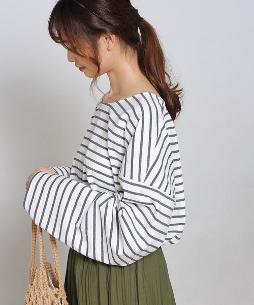 Crisp yours（クリスプユアーズ）の「ルーズボーダーTシャツ（Tシャツ/カットソー・レディース・グレー/ピンク/ブラック・FREE）」の6枚目の写真