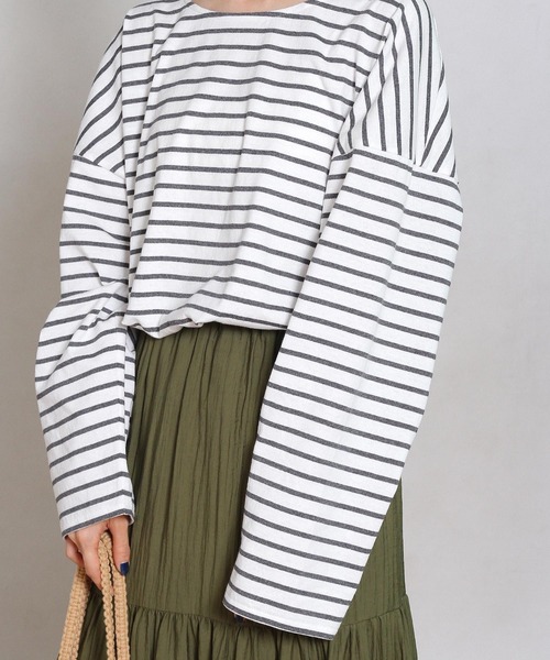 Crisp yours（クリスプユアーズ）の「ルーズボーダーTシャツ（Tシャツ/カットソー・レディース・グレー/ピンク/ブラック・FREE）」の8枚目の写真