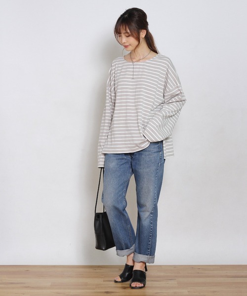 Crisp yours（クリスプユアーズ）の「ルーズボーダーTシャツ（Tシャツ/カットソー・レディース・グレー/ピンク/ブラック・FREE）」の13枚目の写真