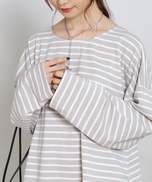 Crisp yours（クリスプユアーズ）の「ルーズボーダーTシャツ（Tシャツ/カットソー・レディース・グレー/ピンク/ブラック・FREE）」の18枚目の写真