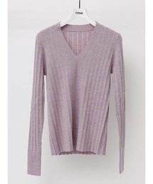 ウォッシャブルウールリブVネックニット