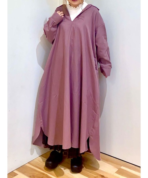 Samansa Mos2 blue（サマンサモスモスブルー）の「フラットカラーシャツワンピース（シャツワンピース・レディース・ベージュ/チャコール/パープル・ﾌﾘ-）」の3枚目の写真