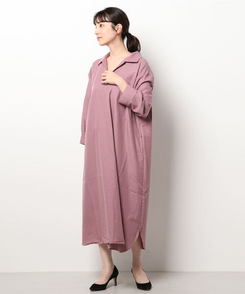 Samansa Mos2 blue（サマンサモスモスブルー）の「フラットカラーシャツワンピース（シャツワンピース・レディース・ベージュ/チャコール/パープル・ﾌﾘ-）」の5枚目の写真
