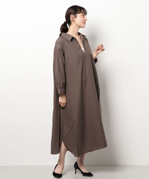 Samansa Mos2 blue（サマンサモスモスブルー）の「フラットカラーシャツワンピース（シャツワンピース・レディース・ベージュ/チャコール/パープル・ﾌﾘ-）」の6枚目の写真