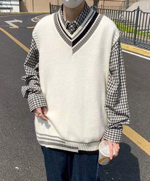 NO NEED(ノーニード)の「Vネックアシメデザインニットベスト /ゆるシルエット/カレッジ/シャツレイヤード/(ベスト・メンズ・ライトグリーン/グレー/ブラック/ホワイト・フリ-)」の15枚目の写真