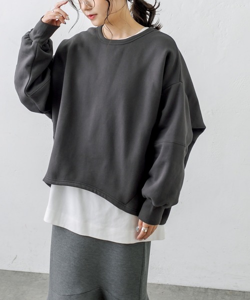 PUAL CE CIN（ピュアルセシン）の「裏起毛袖ボリュームBIGプルオーバー（スウェット・レディース・チャコールグレー/ベージュ/グレイッシュベージュ・FREE）」の10枚目の写真