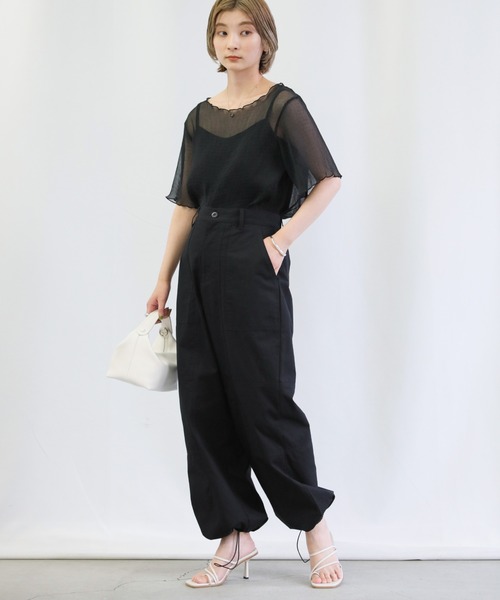 select MOCA（セレクトモカ）の「シアー楊柳メローキャミ付きトップス（Tシャツ/カットソー・レディース・ブラック/オフホワイト/ライトグリーン・FREE）」の4枚目の写真