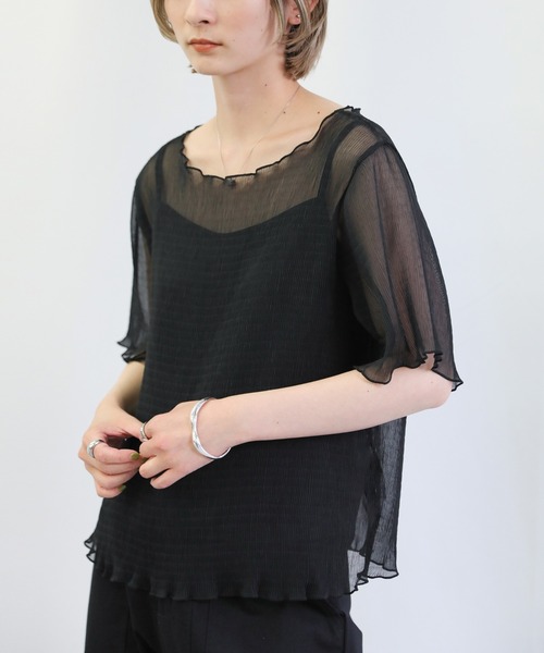 select MOCA（セレクトモカ）の「シアー楊柳メローキャミ付きトップス（Tシャツ/カットソー・レディース・ブラック/オフホワイト/ライトグリーン・FREE）」の5枚目の写真