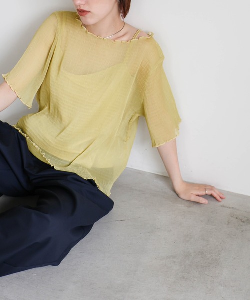 select MOCA（セレクトモカ）の「シアー楊柳メローキャミ付きトップス（Tシャツ/カットソー・レディース・ブラック/オフホワイト/ライトグリーン・FREE）」の20枚目の写真