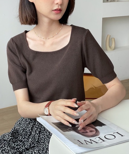 MAISON DE THERESE(メゾン ド テレーズ)の「スクエアネック 半袖Tシャツ(Tシャツ/カットソー・レディース・グリーン/ブラウン/アイボリー/ホワイト/ブラック/モカ/ネイビー・M)」の5枚目の写真