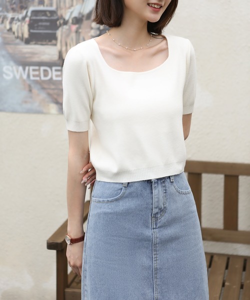 MAISON DE THERESE(メゾン ド テレーズ)の「スクエアネック 半袖Tシャツ(Tシャツ/カットソー・レディース・グリーン/ブラウン/アイボリー/ホワイト/ブラック/モカ/ネイビー・M)」の3枚目の写真