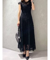 ラッフルスリーブスカラレースフレアドレス