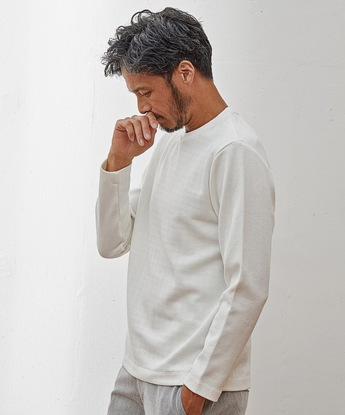 UNION STATION（ユニオンステーション）の「【EFFORTLESS】幾何学柄ジャガードクルーネックロンT（Tシャツ/カットソー・メンズ・ブラック/ブラック系その他/ホワイト・LL/L/M）」の4枚目の写真