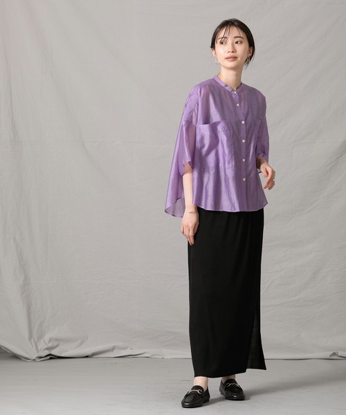 Liyoca（リヨカ）の「Ｔｅシアーバンドカラーシャツ（シャツ/ブラウス・レディース・パープル/オフホワイト・FREE）」の11枚目の写真