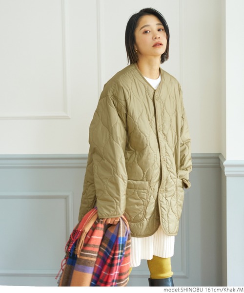 coca（coca）（コカ）の「【WEB限定セール】＼新色登場／ユニセックス　キルトライナーアウター（ノーカラージャケット・レディース・ブラック/カーキ/ダークグリーン/アイボリー・M/L）」の10枚目の写真