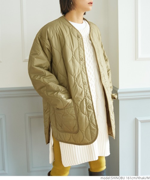 coca（coca）（コカ）の「【WEB限定セール】＼新色登場／ユニセックス　キルトライナーアウター（ノーカラージャケット・レディース・ブラック/カーキ/ダークグリーン/アイボリー・M/L）」の14枚目の写真