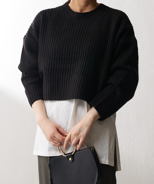 Lui's（ルイス）の「ヤク混ショートニットトップス(ロンTセット)（ニット/セーター・レディース・ブラウン/ブラック/ブルー・FREE）」の4枚目の写真