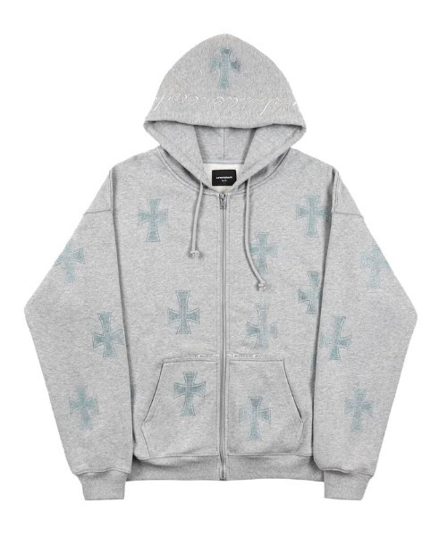 UNKNOWN Rhinestone Cross Zip Hoodie（Grey rhinestone cross
