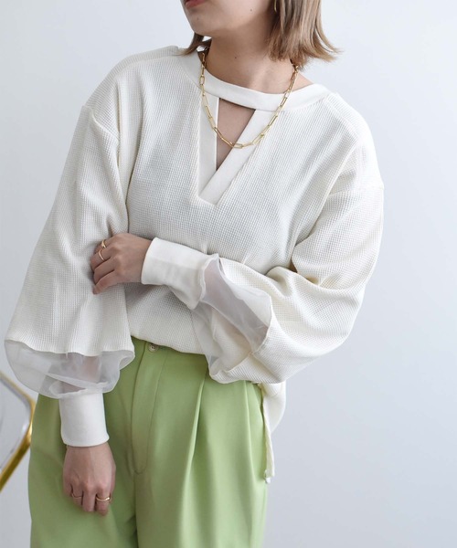 Eimee Law(エイミーロウ)の「シアースリーブ2WAYワッフルプルオーバー(Tシャツ/カットソー・レディース・ブラック/アイボリー・38)」の13枚目の写真