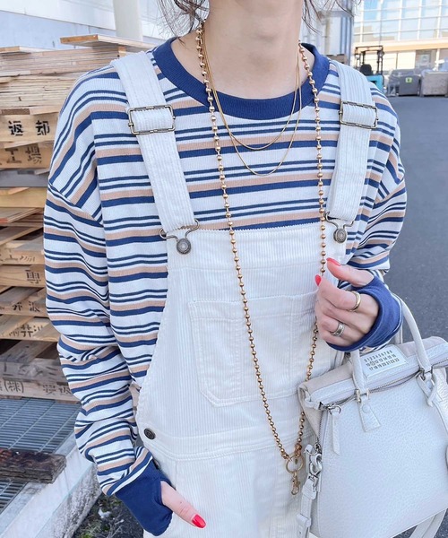 INTERPLAY(インタープレイ)の「【INTERPLAY x AYA】フィンガーホール マルチボーダー 長袖Teeシャツ【2】(Tシャツ/カットソー・レディース・ブラック/ブルー/グリーン・FREE)」の3枚目の写真