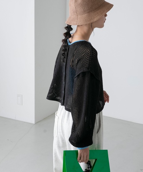 forksy.】2WAYクロップドメランジメッシュニットカーディガン/ベスト