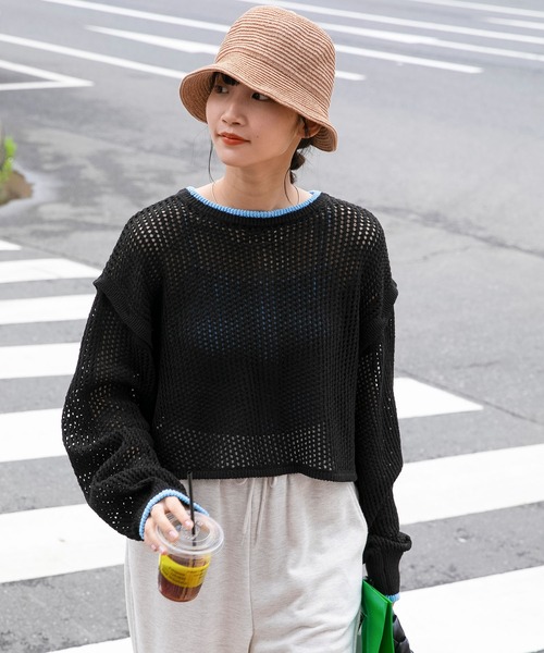 forksy.】2WAYクロップドメランジメッシュニットカーディガン