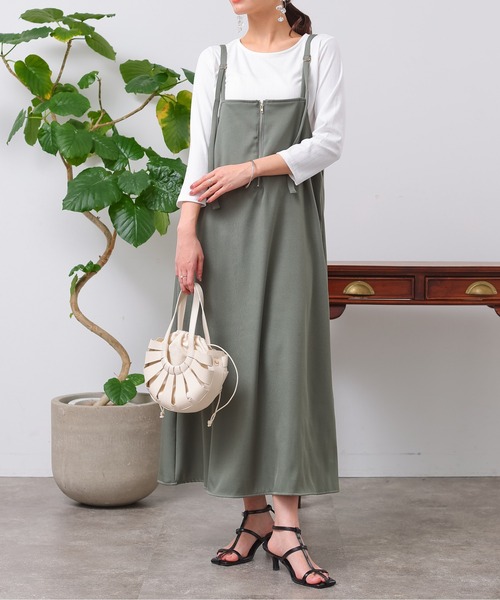 Chez toi（シェトワ）の「カットリブT×ZIPキャミワンピース（ワンピース・レディース・カーキ/オレンジ/ブラック/ベージュ・FREE）」の3枚目の写真