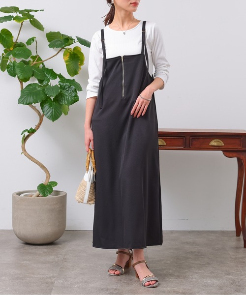 Chez toi（シェトワ）の「カットリブT×ZIPキャミワンピース（ワンピース・レディース・カーキ/オレンジ/ブラック/ベージュ・FREE）」の2枚目の写真