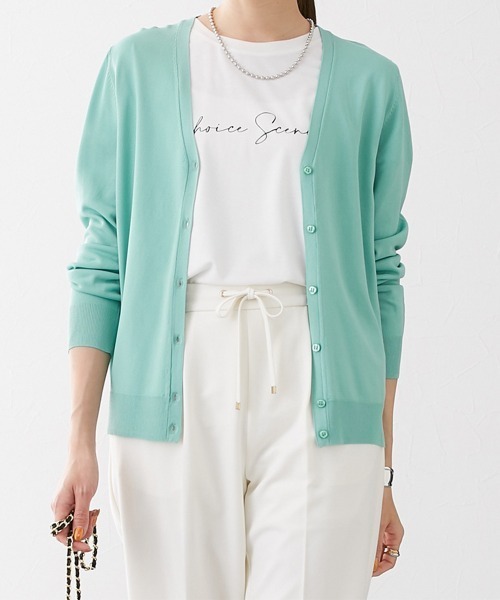 nissen(ニッセン)の「【Vネック・クルーネック】洗えるカーディガン(UVカット・接触冷感・毛玉になりにくい・洗濯機OK)(カーディガン/ボレロ・レディース・ピンク/イエロー/ブラック/ライトグリーン/ネイビー/オフホワイト/モカ/杢グレー/ネイビー系/ホワイト系/ブルー/グリーン/ライトホワイト/スカイブルー/レッド・M/L/LL/L1/M1/LL1)」の8枚目の写真