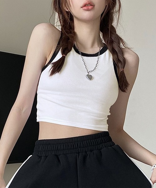 PRIVATE  BEACH（プライベートビーチ）の「クロップド丈配色カップ付タンクトップ（タンクトップ・レディース・ブラック/アイボリー/ブラウン/ホワイト・FREE）」の2枚目の写真