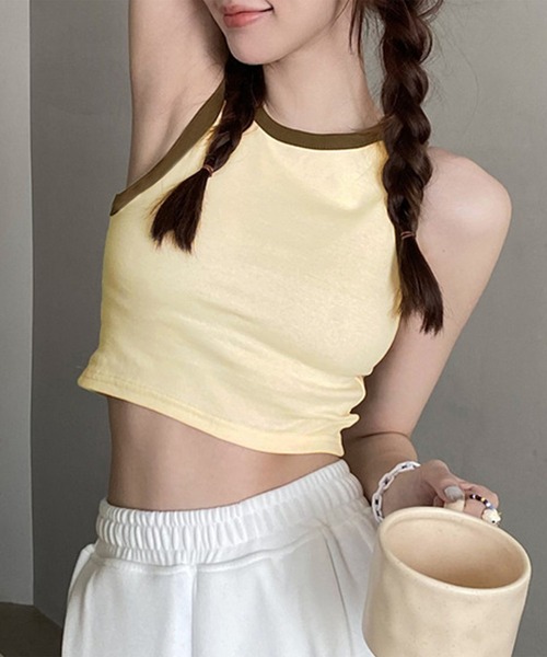 PRIVATE  BEACH（プライベートビーチ）の「クロップド丈配色カップ付タンクトップ（タンクトップ・レディース・ブラック/アイボリー/ブラウン/ホワイト・FREE）」の3枚目の写真