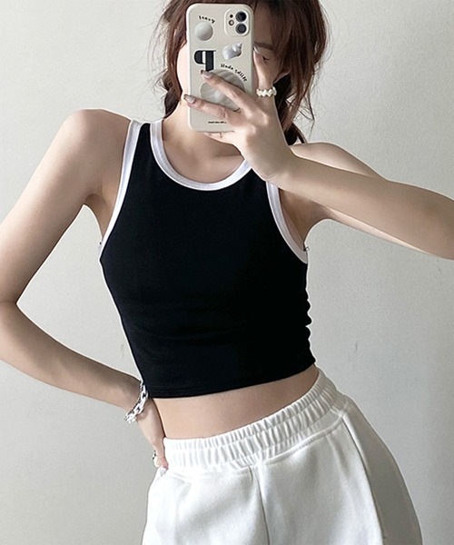 PRIVATE  BEACH（プライベートビーチ）の「クロップド丈配色カップ付タンクトップ（タンクトップ・レディース・ブラック/アイボリー/ブラウン/ホワイト・FREE）」の4枚目の写真