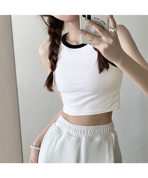 PRIVATE  BEACH（プライベートビーチ）の「クロップド丈配色カップ付タンクトップ（タンクトップ・レディース・ブラック/アイボリー/ブラウン/ホワイト・FREE）」の5枚目の写真