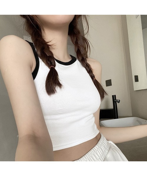 PRIVATE  BEACH（プライベートビーチ）の「クロップド丈配色カップ付タンクトップ（タンクトップ・レディース・ブラック/アイボリー/ブラウン/ホワイト・FREE）」の7枚目の写真